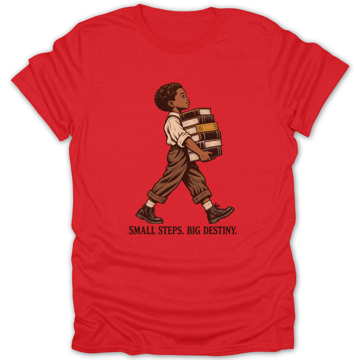 Illustration of a boy carrying books with text "SMALL STEPS. BIG DESTINY."