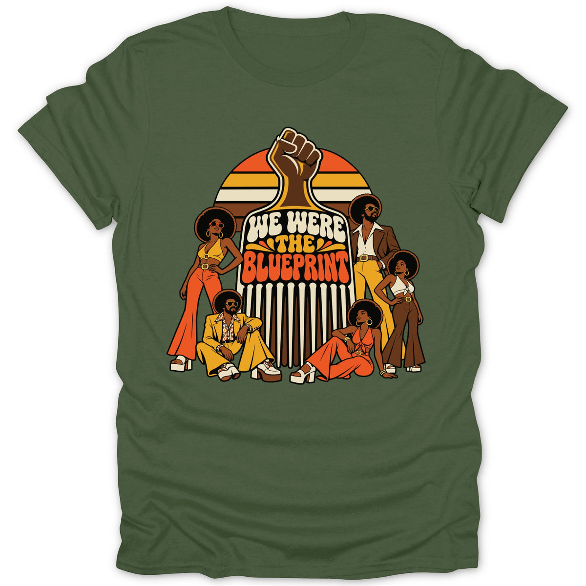 Afro-textured people in retro clothing with fist and "We Were The Blueprint" text.