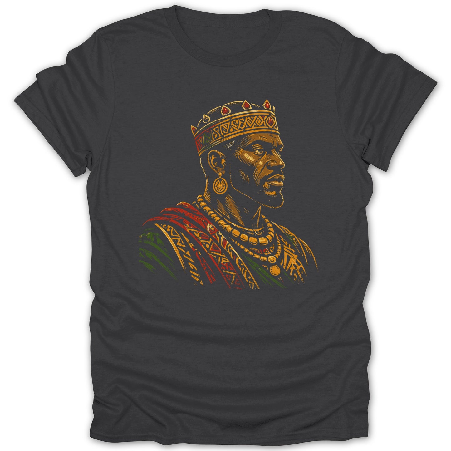 Illustration of a crowned Black man with regal jewelry and clothing.