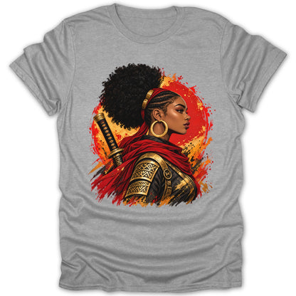 Illustration of a Black woman warrior with a sword, wearing red and gold armor.