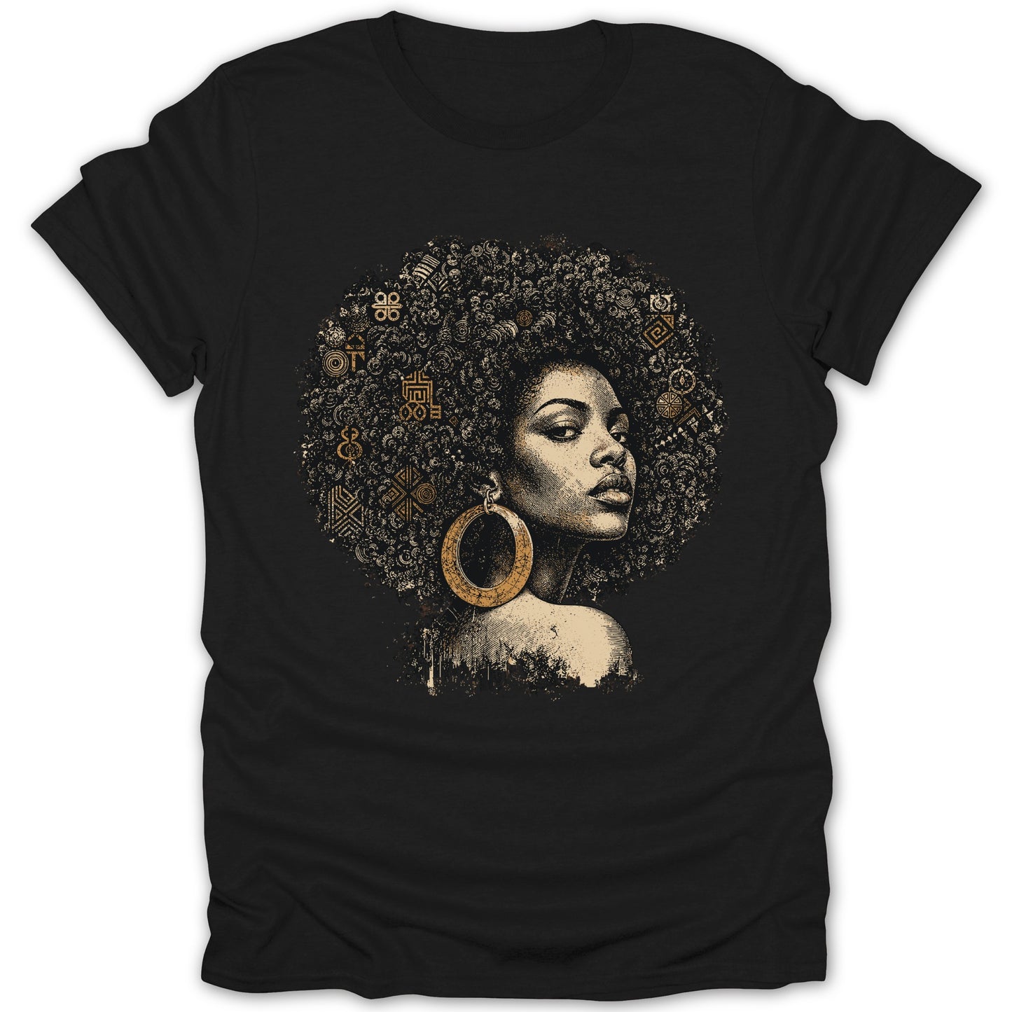 Black t-shirt with a vintage illustration of a woman with afro hair adorned with gold symbols.