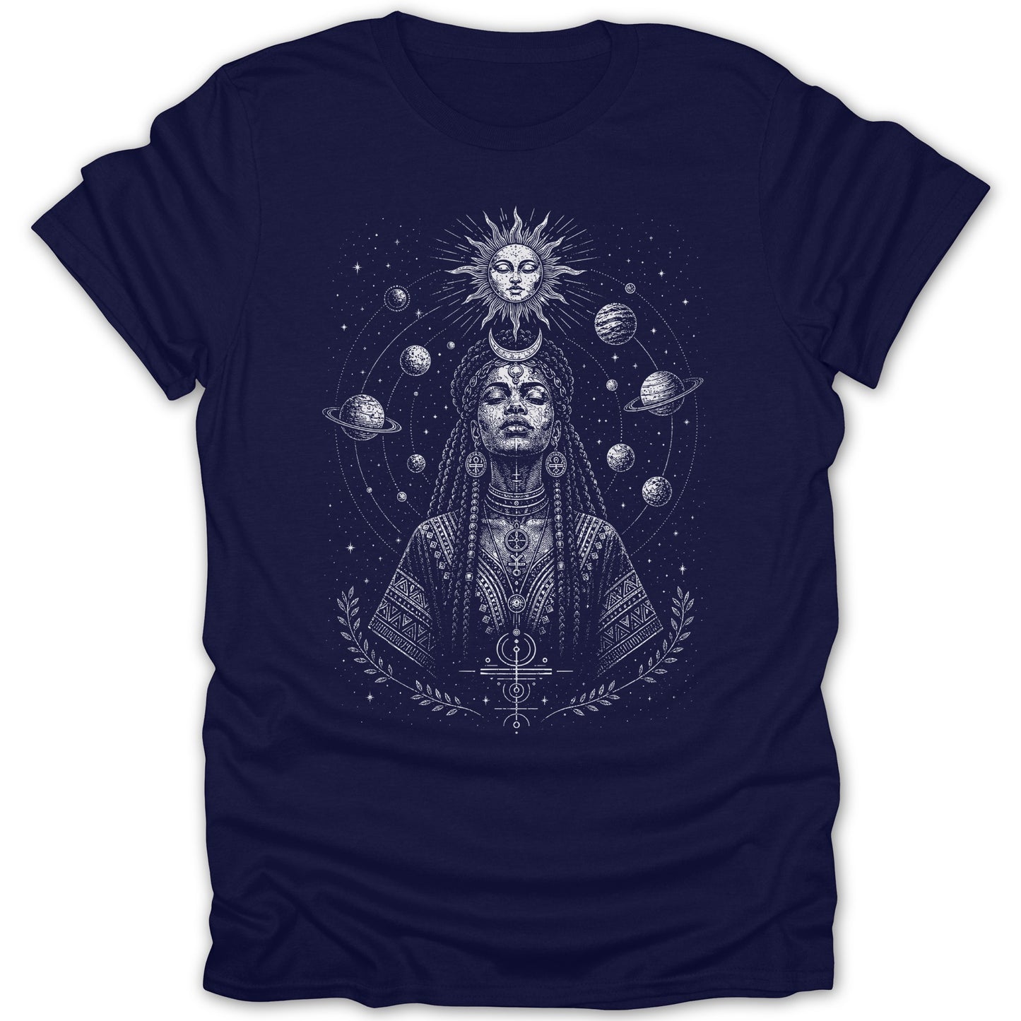 T-shirt with celestial woman, sun, moon, planets, and stars design.