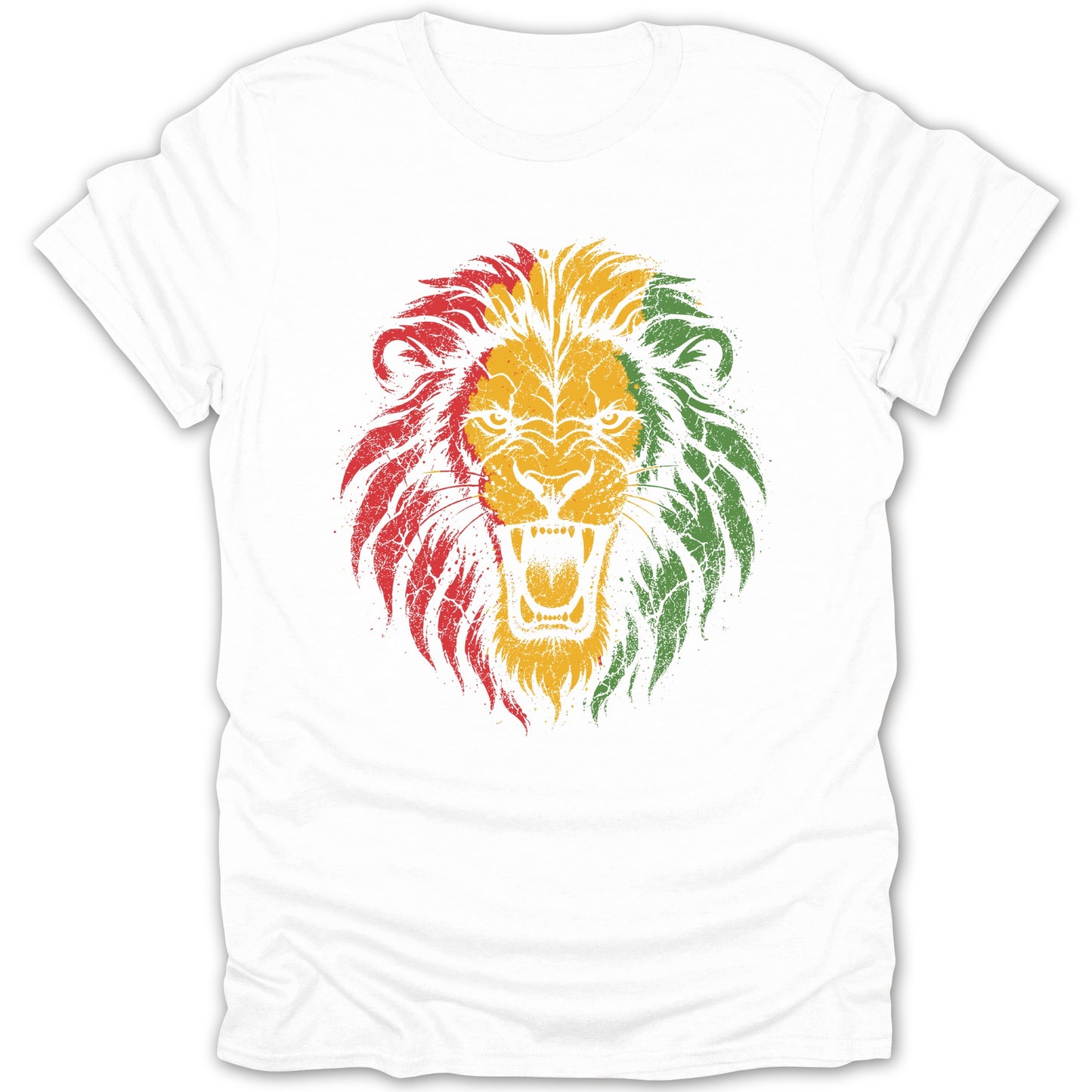 White t-shirt with roaring lion graphic in red, yellow, and green.