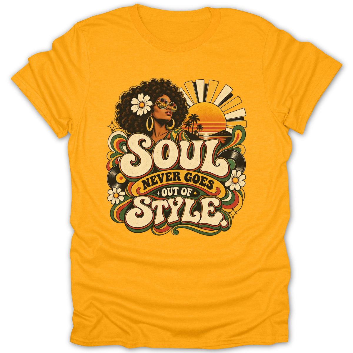Retro graphic on yellow t-shirt reads "Soul Never Goes Out of Style"