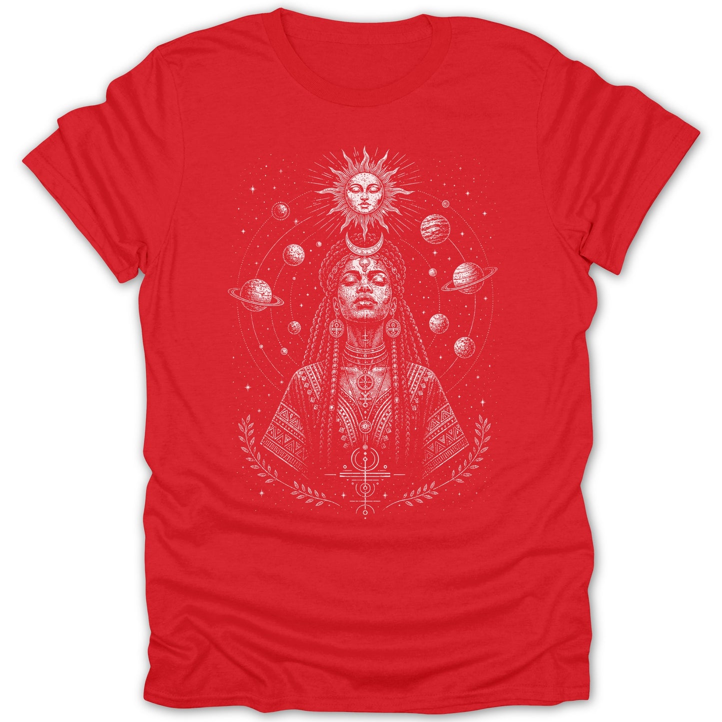 Red t-shirt with white celestial woman and planetary design.