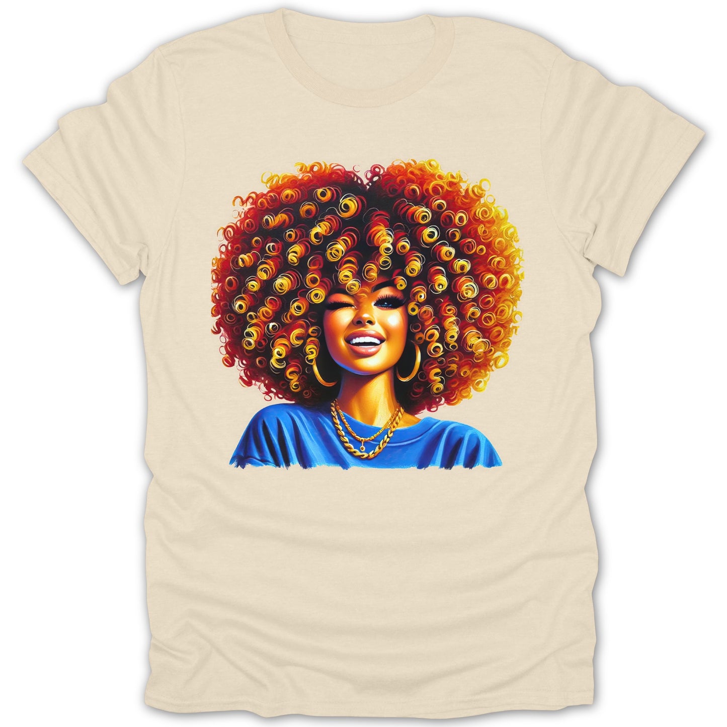 Vibrant Curly Hair Art on a Beige T-Shirt product type