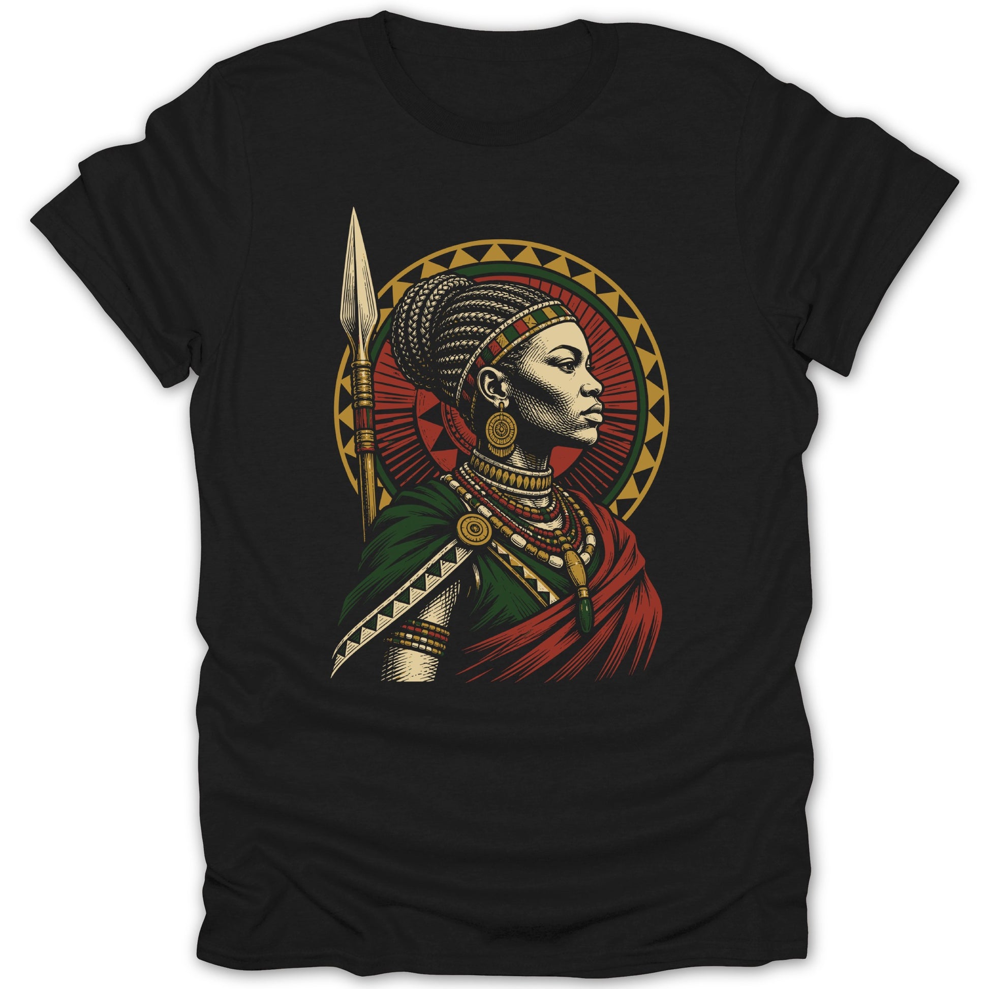 T-shirt with illustration of a regal Black woman holding a spear, adorned in traditional jewelry.