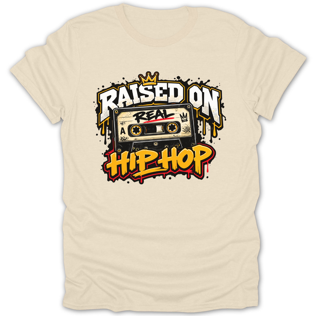 T-shirt with "Raised On Real Hip Hop" graphic and cassette tape.