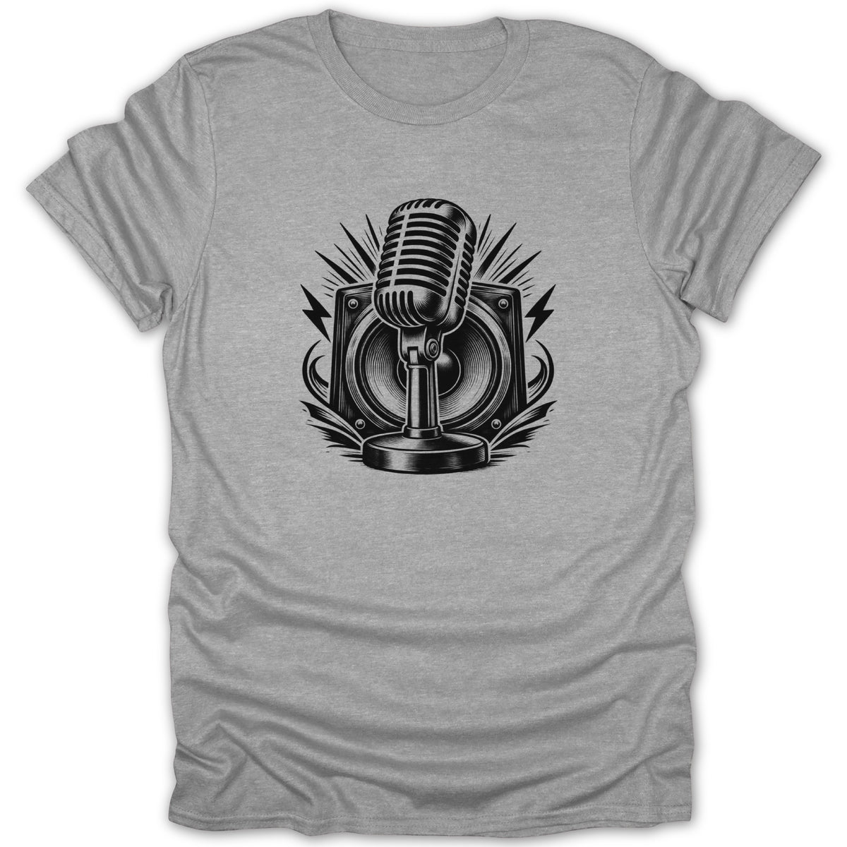Vintage microphone and speaker graphic with lightning and sound waves.