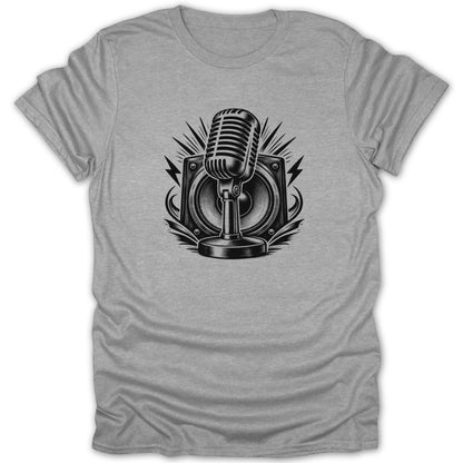 Vintage microphone and speaker graphic with lightning and sound waves.