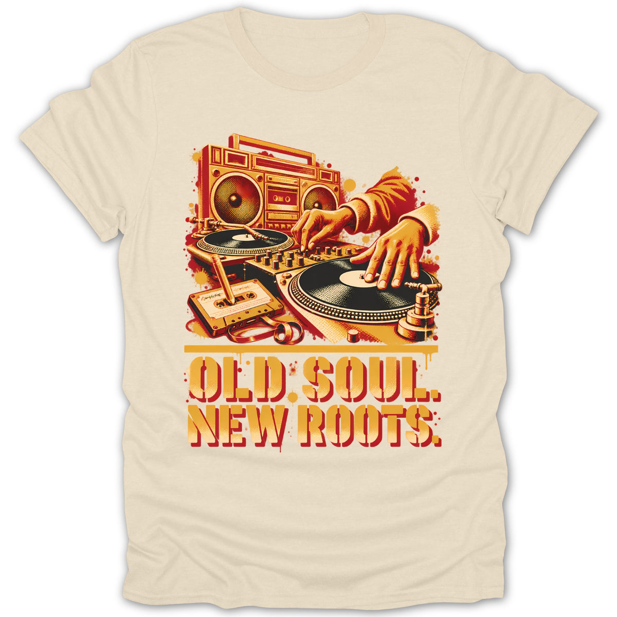 A cream t-shirt featuring a retro DJ illustration, cassette tape, boombox, and text reading OLD SOUL. NEW ROOTS.