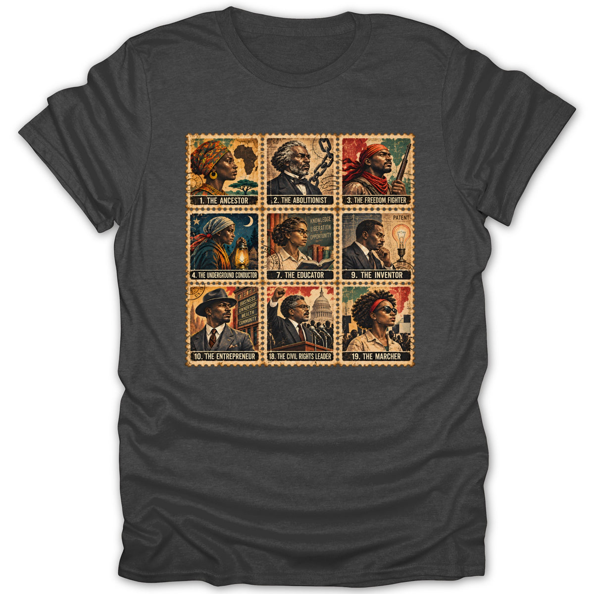 T-shirt with nine postage stamp designs featuring Black historical figures.