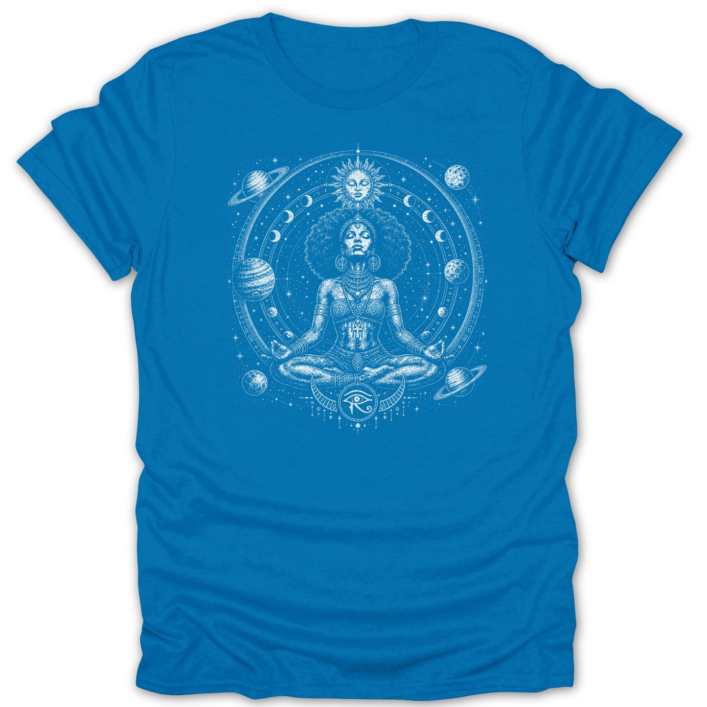 Meditating woman with celestial bodies and eye of Horus graphic on blue t-shirt.