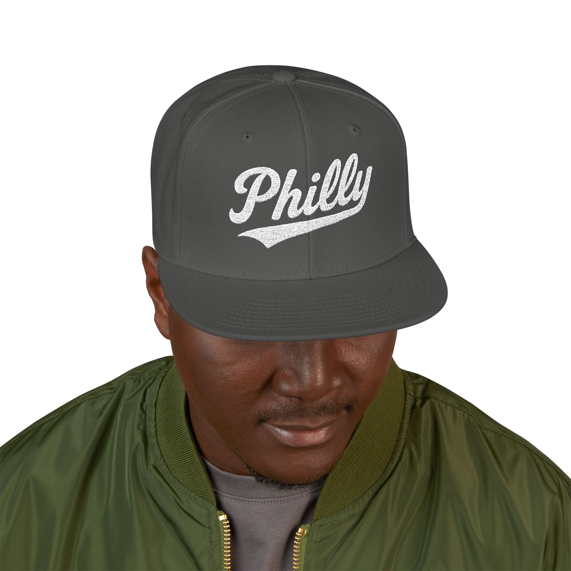 Dark gray flat brim hat with "Philly" in white script.