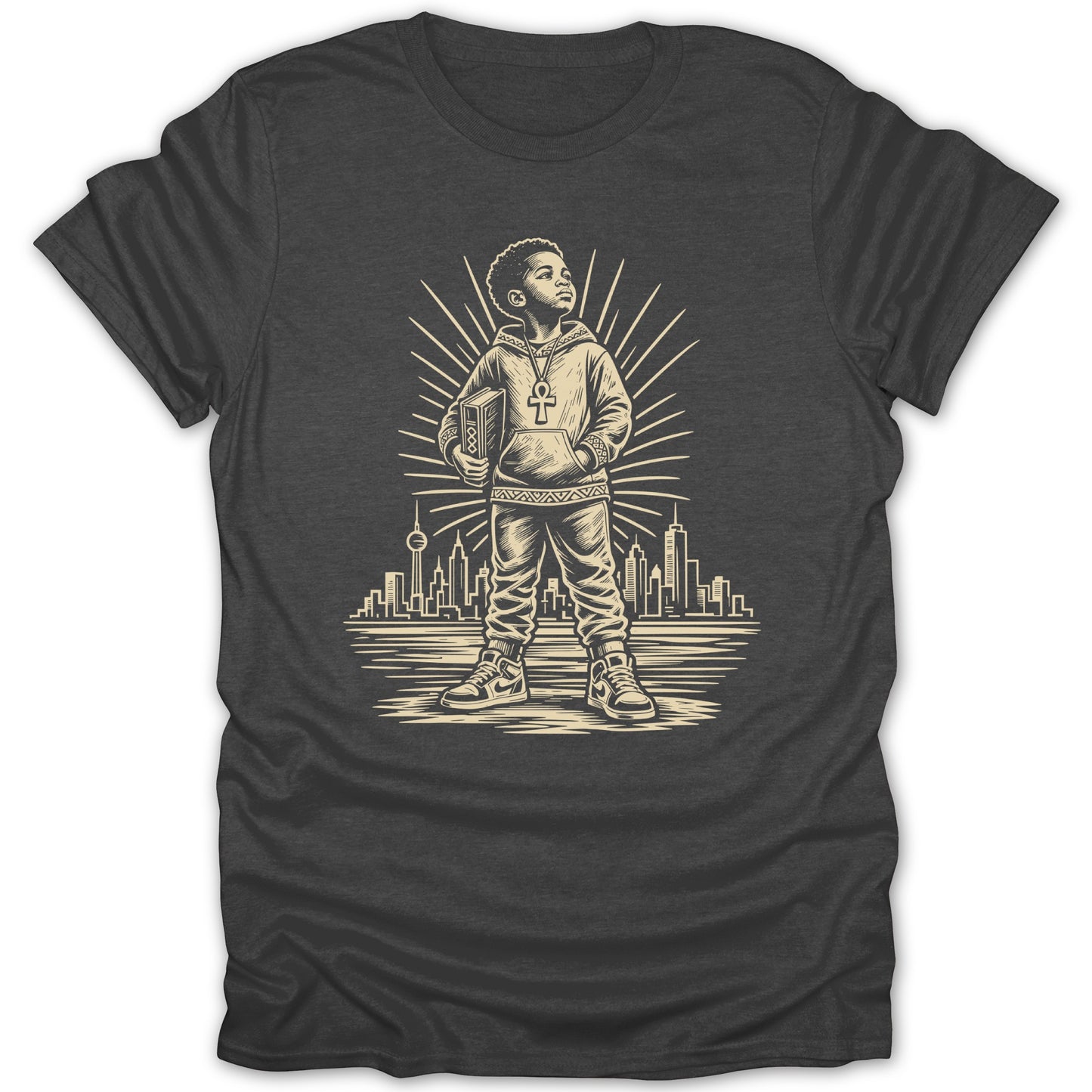 Illustration of a boy holding a book with an ankh pendant standing in front of a city skyline.