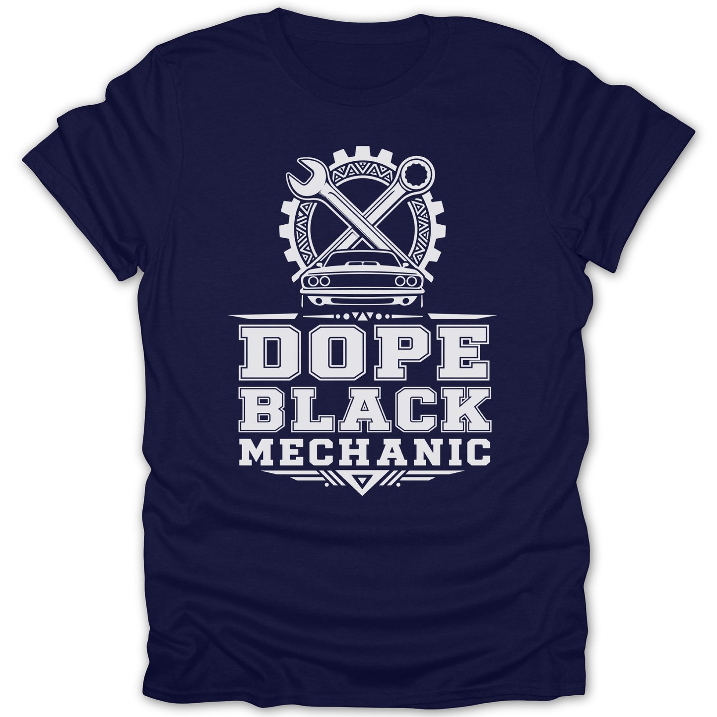 Navy t-shirt with white graphic of car, wrenches, gear, and text "DOPE BLACK MECHANIC".