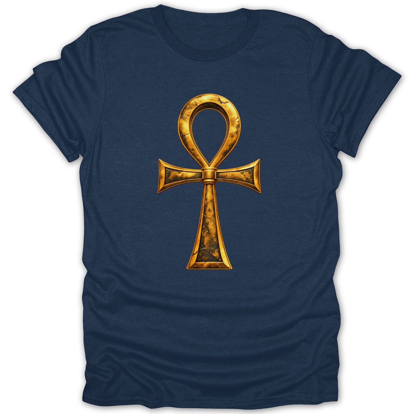 Navy t-shirt with a textured gold ankh symbol centered on the chest.