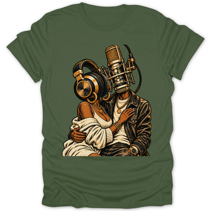 Illustration of couple with microphone and headphones for heads, on green t-shirt.