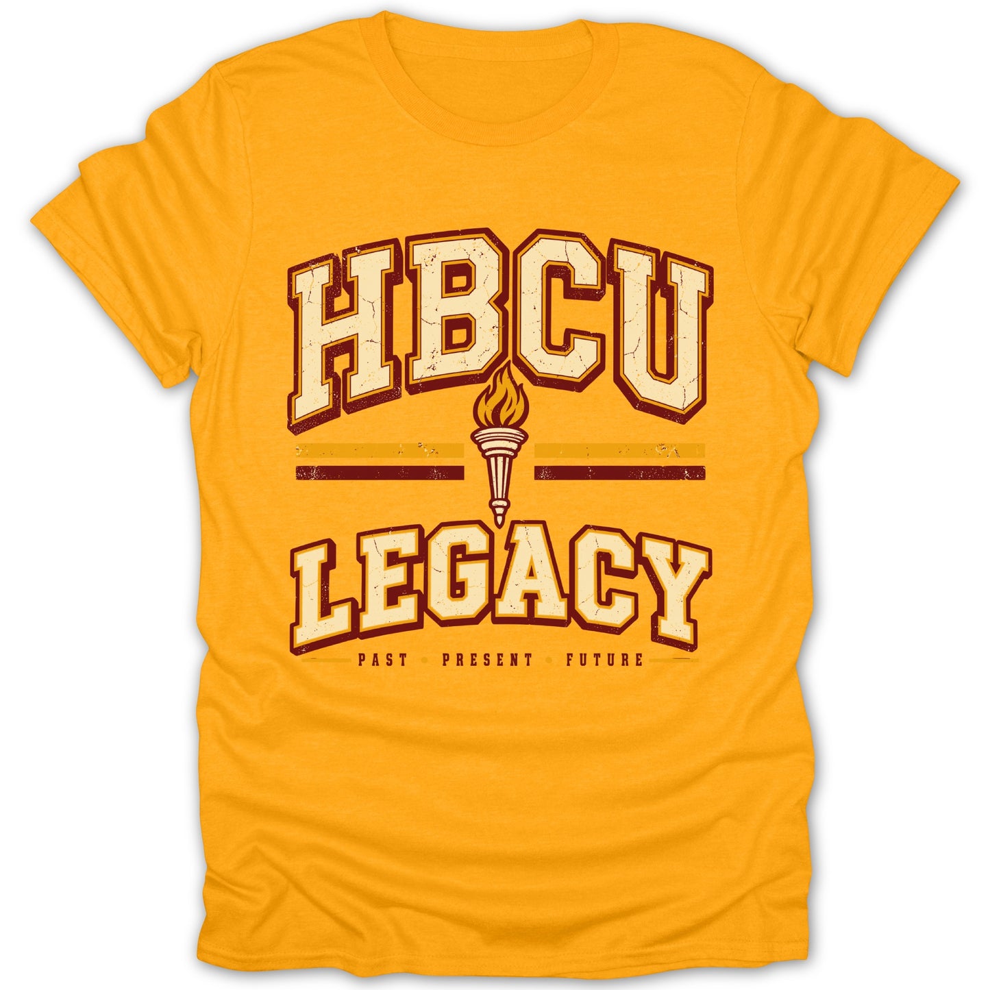 Yellow t-shirt with "HBCU LEGACY PAST PRESENT FUTURE" and a torch graphic.