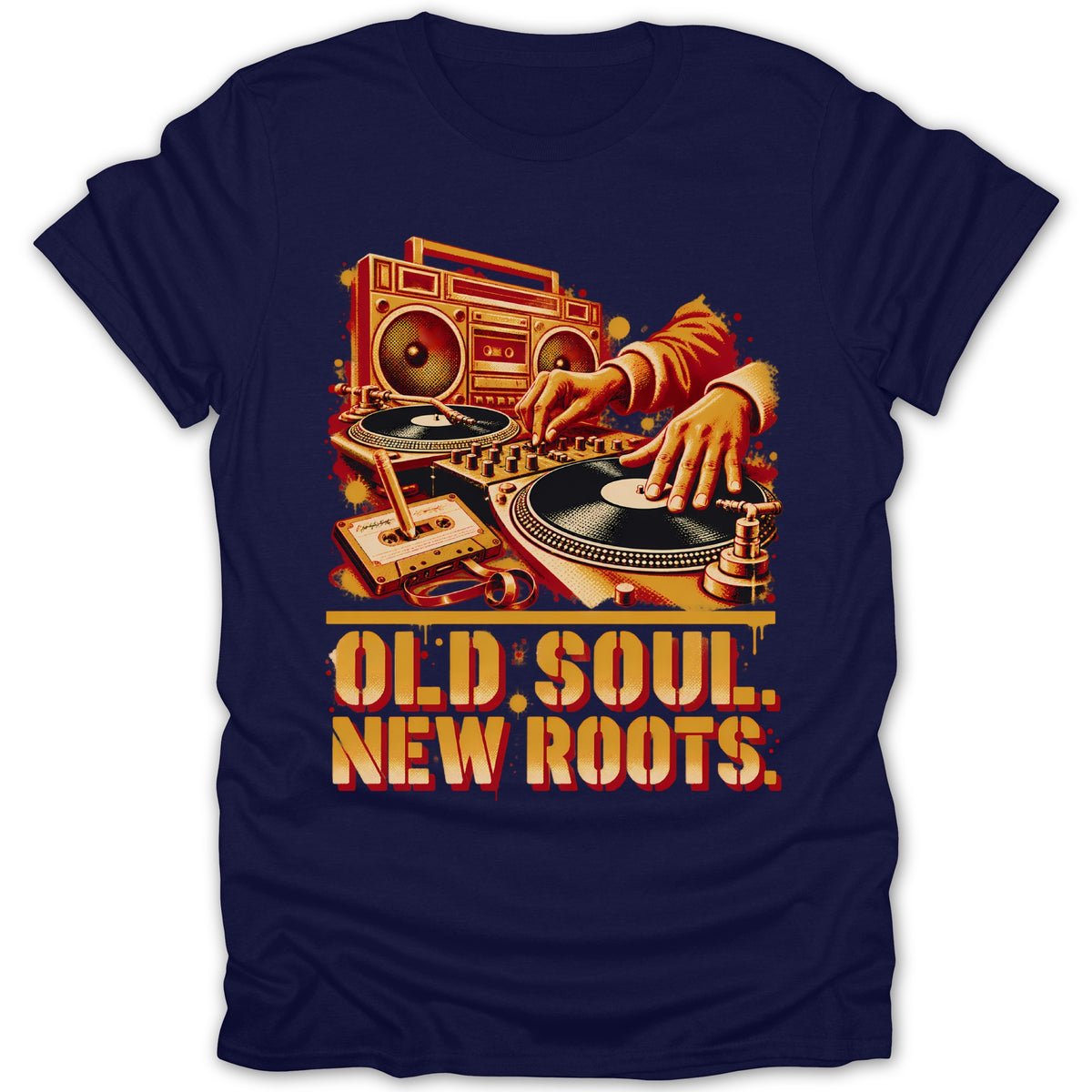 Navy t-shirt featuring a retro orange and red DJ graphic with text reading Old Soul New Roots.