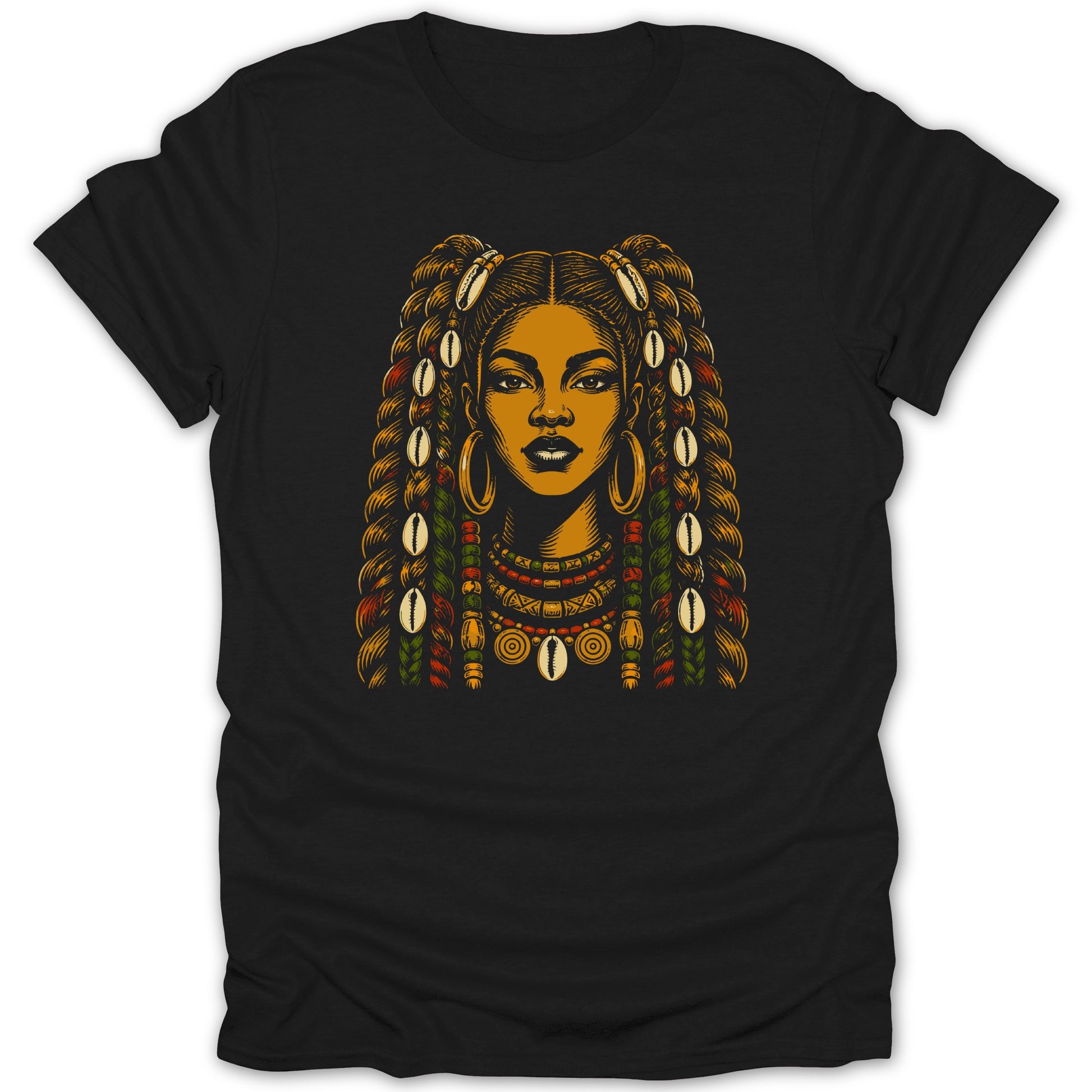 Black t-shirt with illustration of woman with beaded braids and shell jewelry.