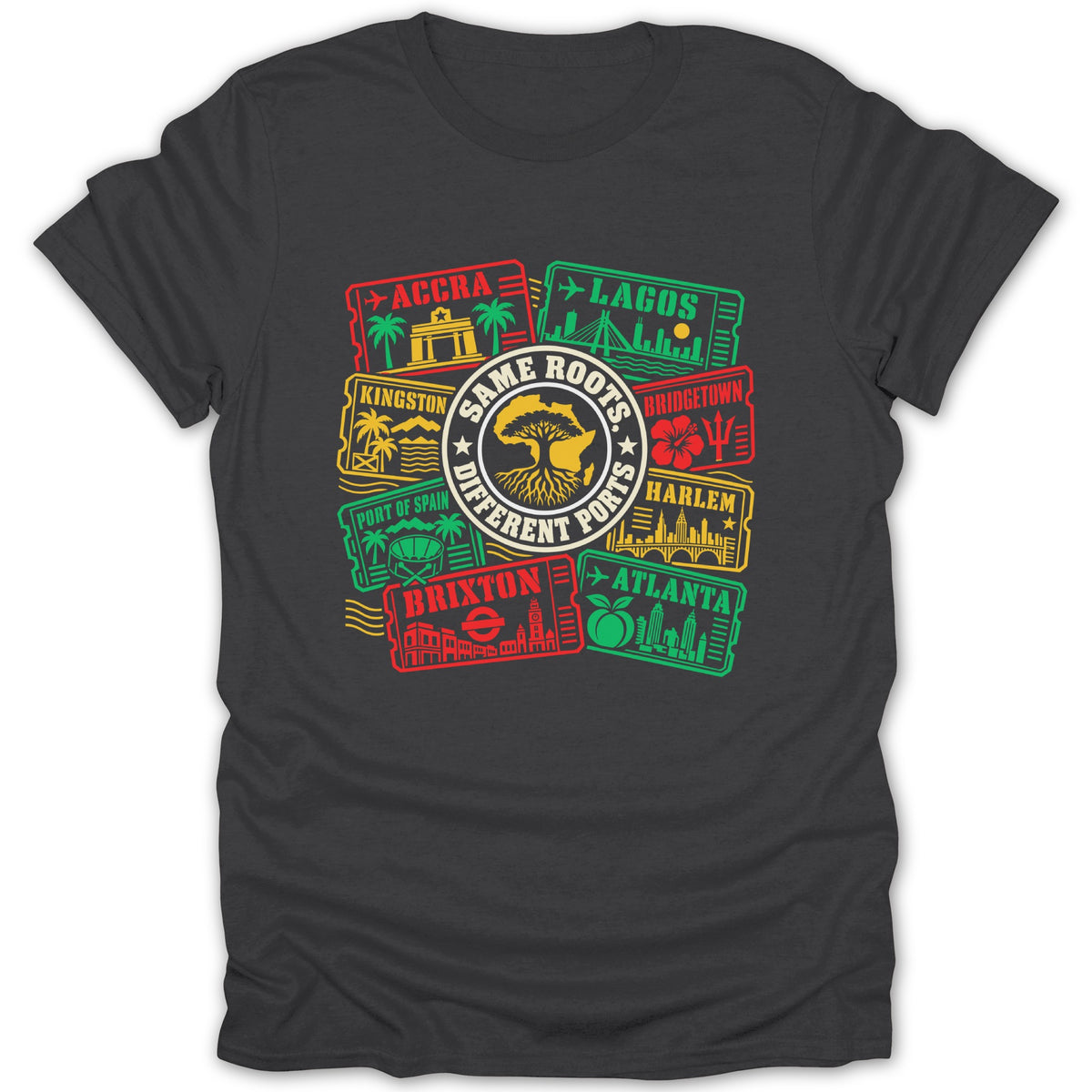 T-shirt graphic with "Same Roots Different Ports" text and city landmarks.