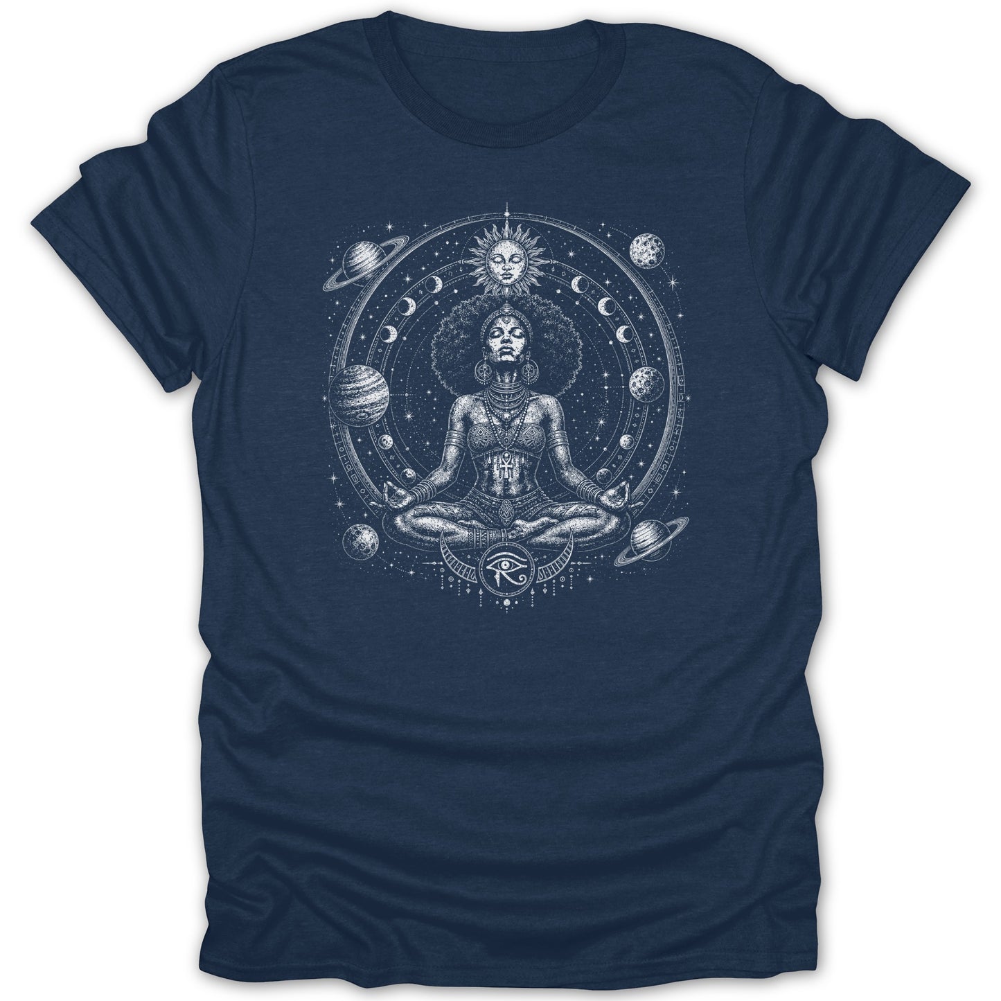 T-shirt with a meditation graphic featuring a woman, sun, moon, and planets.