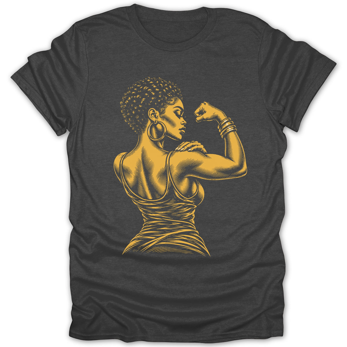 Illustration of a woman flexing her bicep on a dark grey t-shirt.