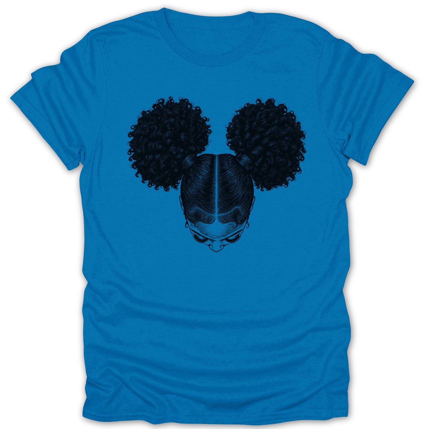 Blue t-shirt with illustration of a woman's head with two afro puffs.