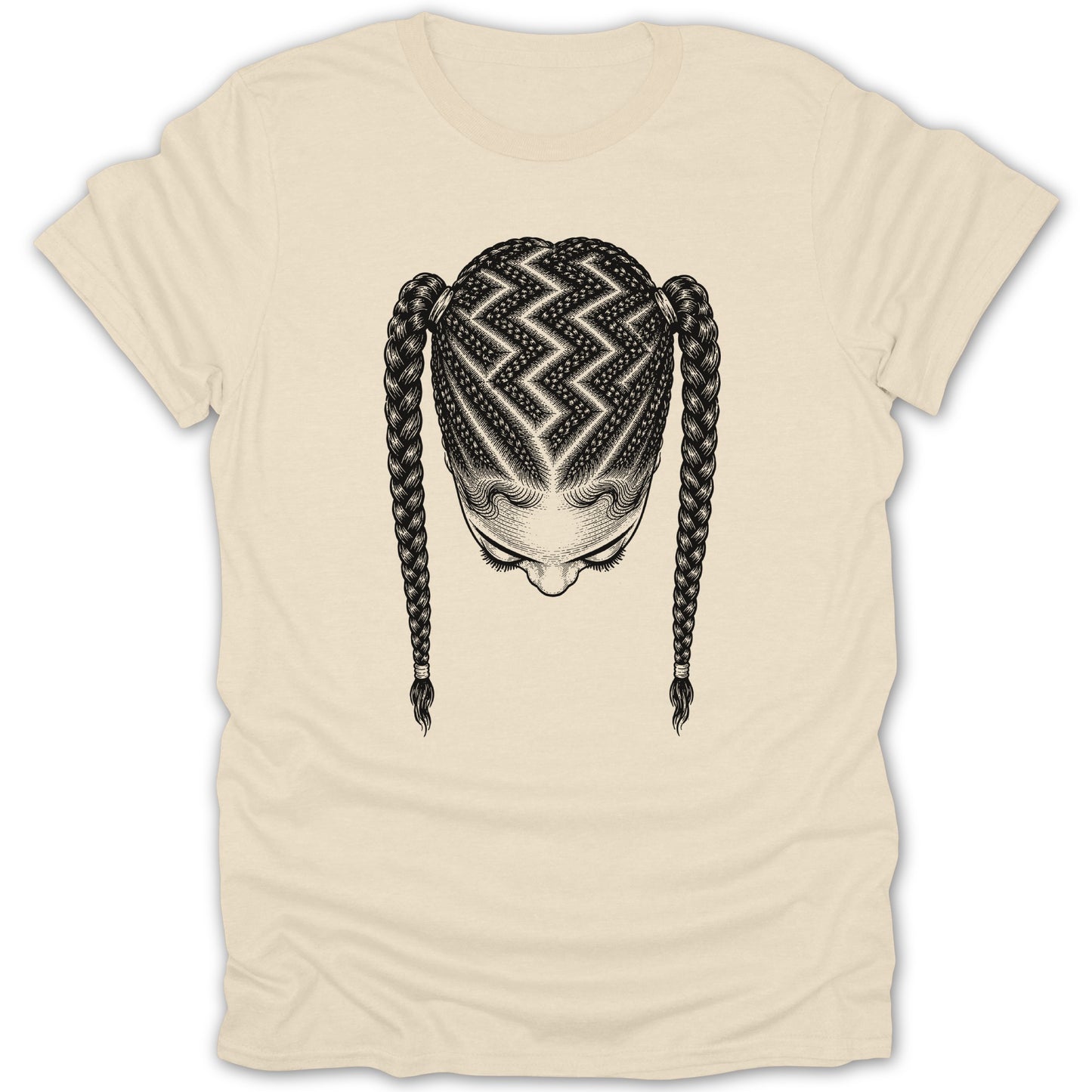 T-shirt with a black ink illustration of a woman's head with intricate braided hairstyles.