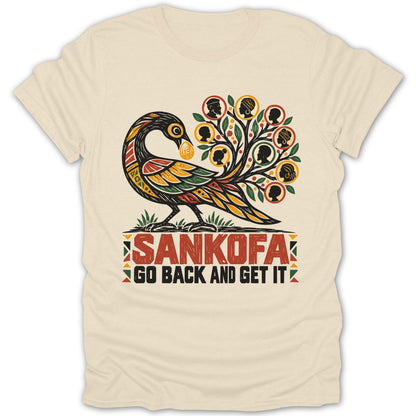 Sankofa bird with silhouettes of people in circles and text "GO BACK AND GET IT".