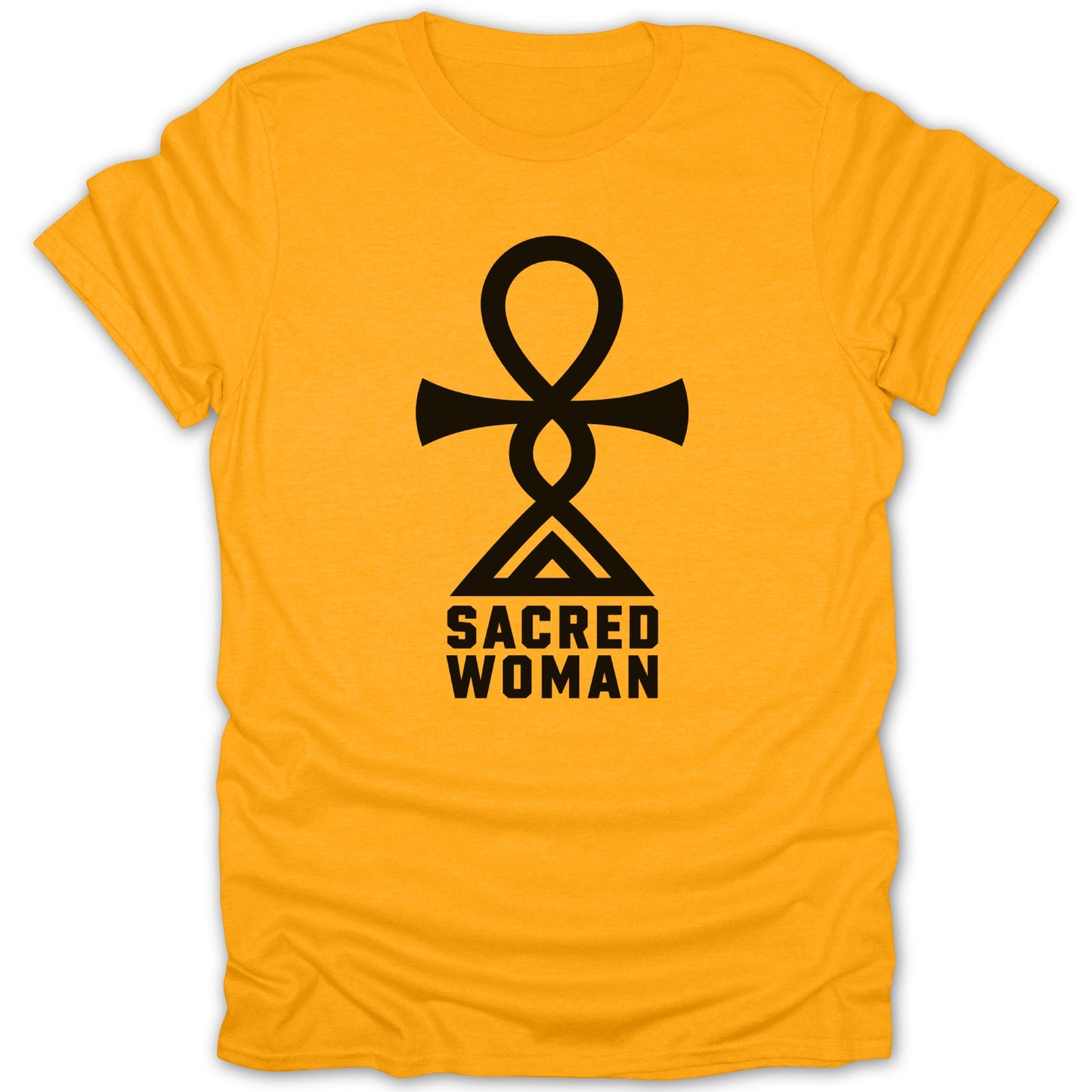 Orange t-shirt with black Sacred Woman ankh symbol and text.