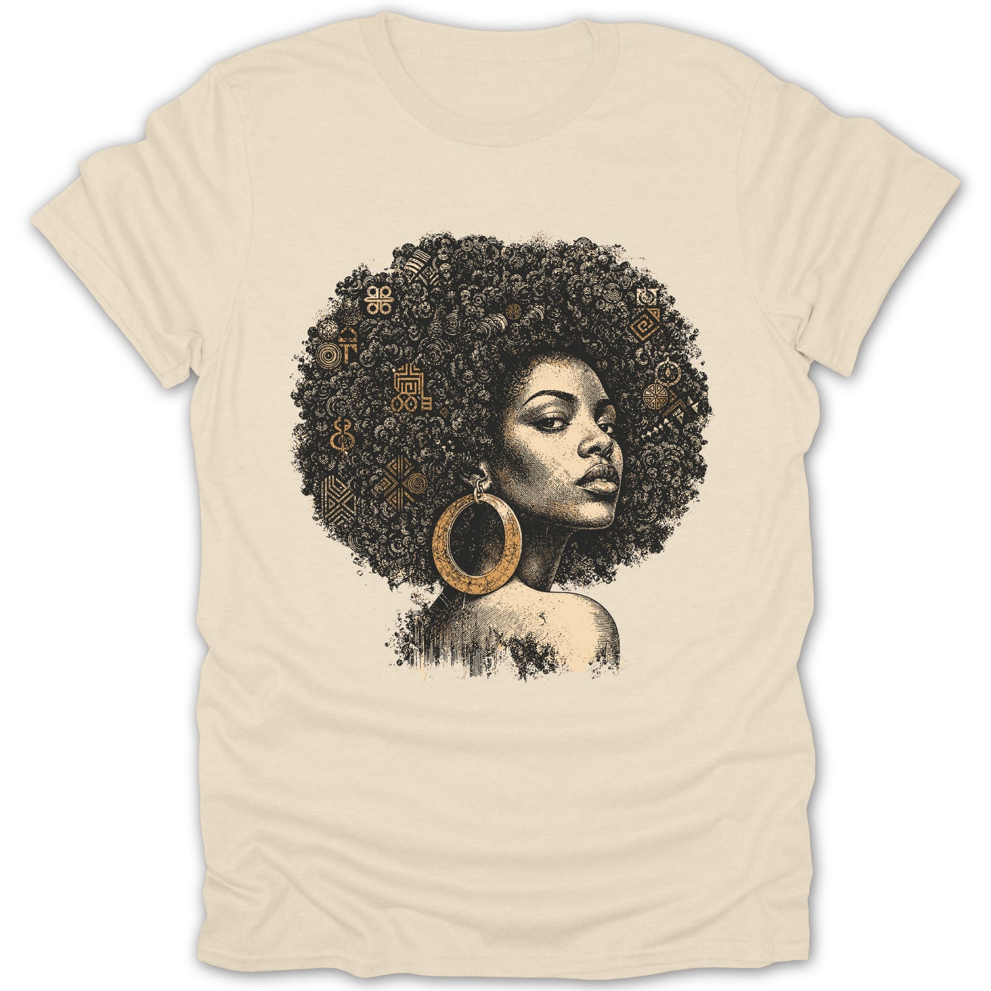 T-shirt with illustration of woman with afro adorned with African symbols and large hoop earring.