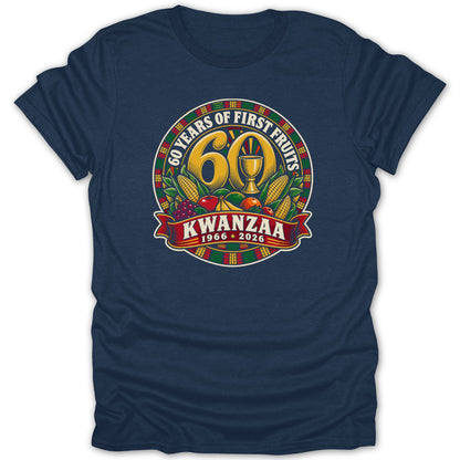 A dark blue t-shirt featuring a circular Kwanzaa graphic with the text 60 Years of First Fruits Kwanzaa 1966-2026.