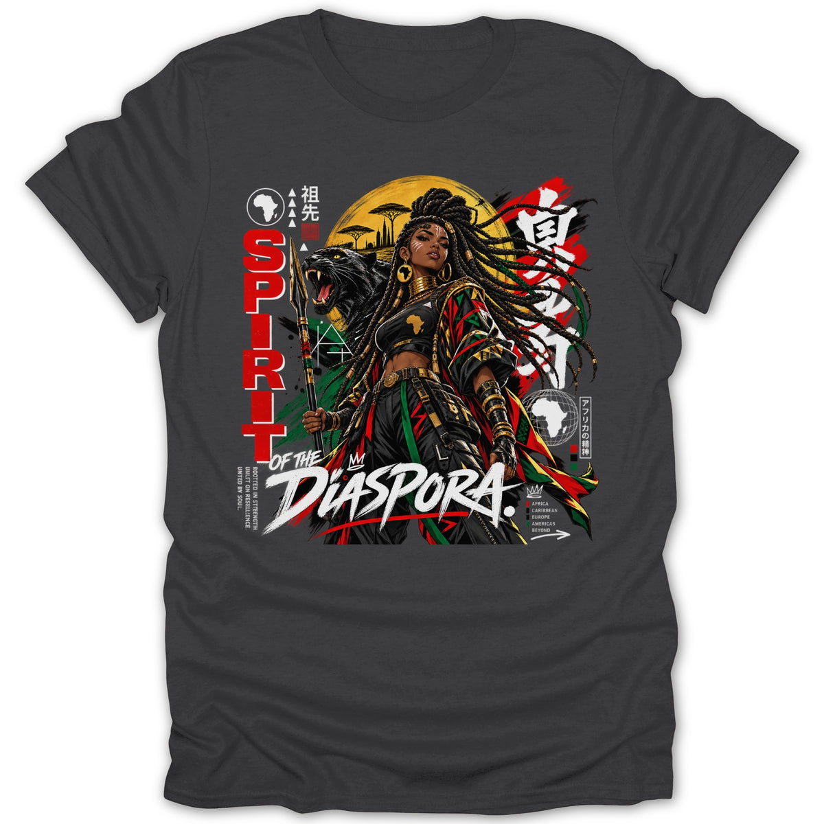 Spirit of the Diaspora with a warrior, panther, and African continent symbols.