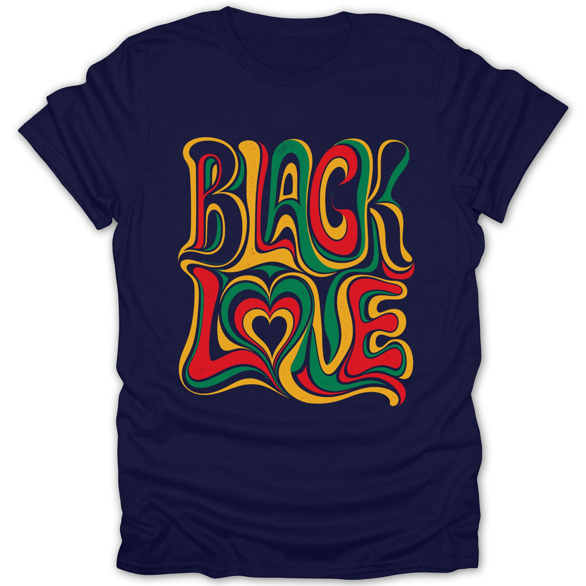 Dark blue t-shirt with "BLACK LOVE" text in colorful, wavy lettering.