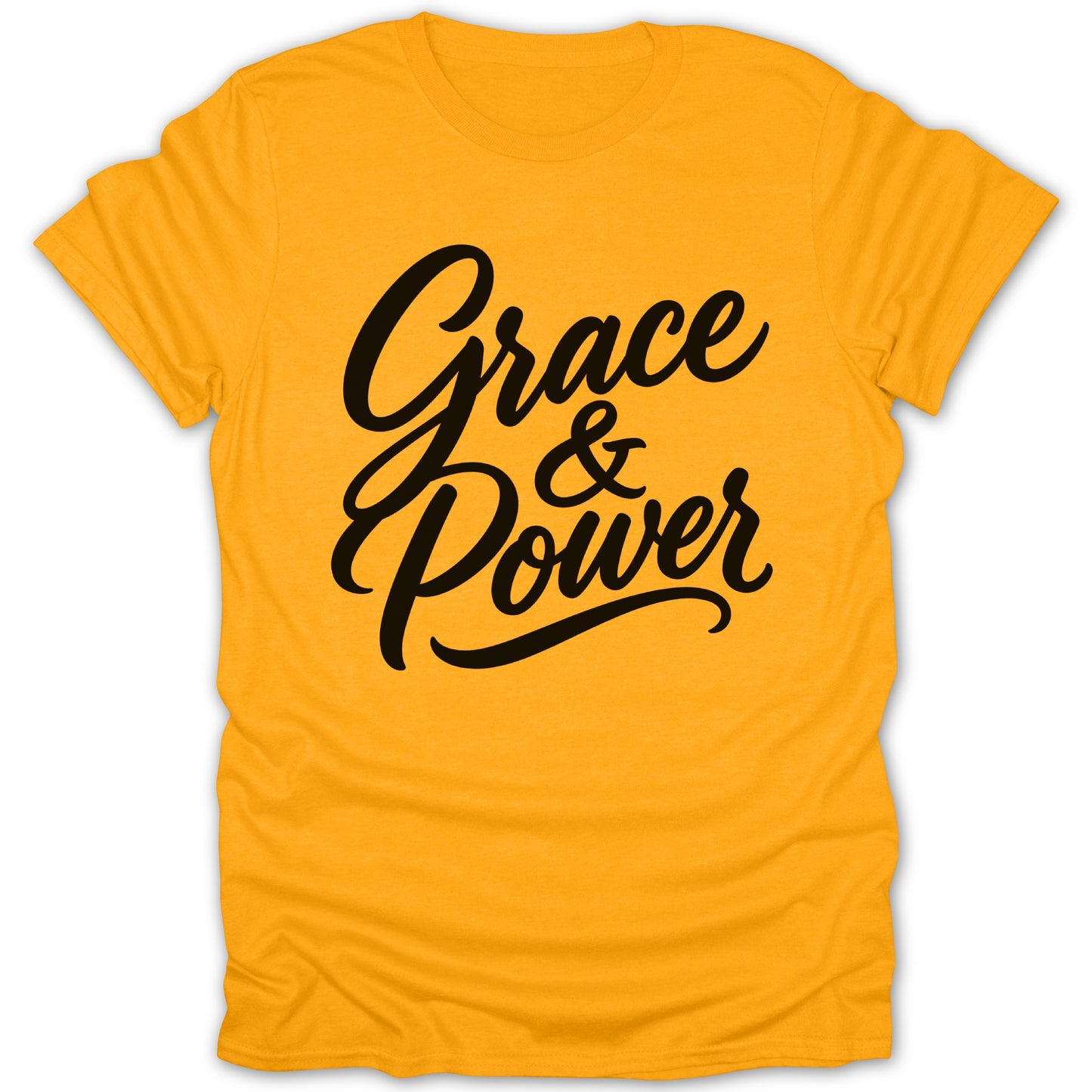 Yellow t-shirt with black cursive text "Grace & Power"