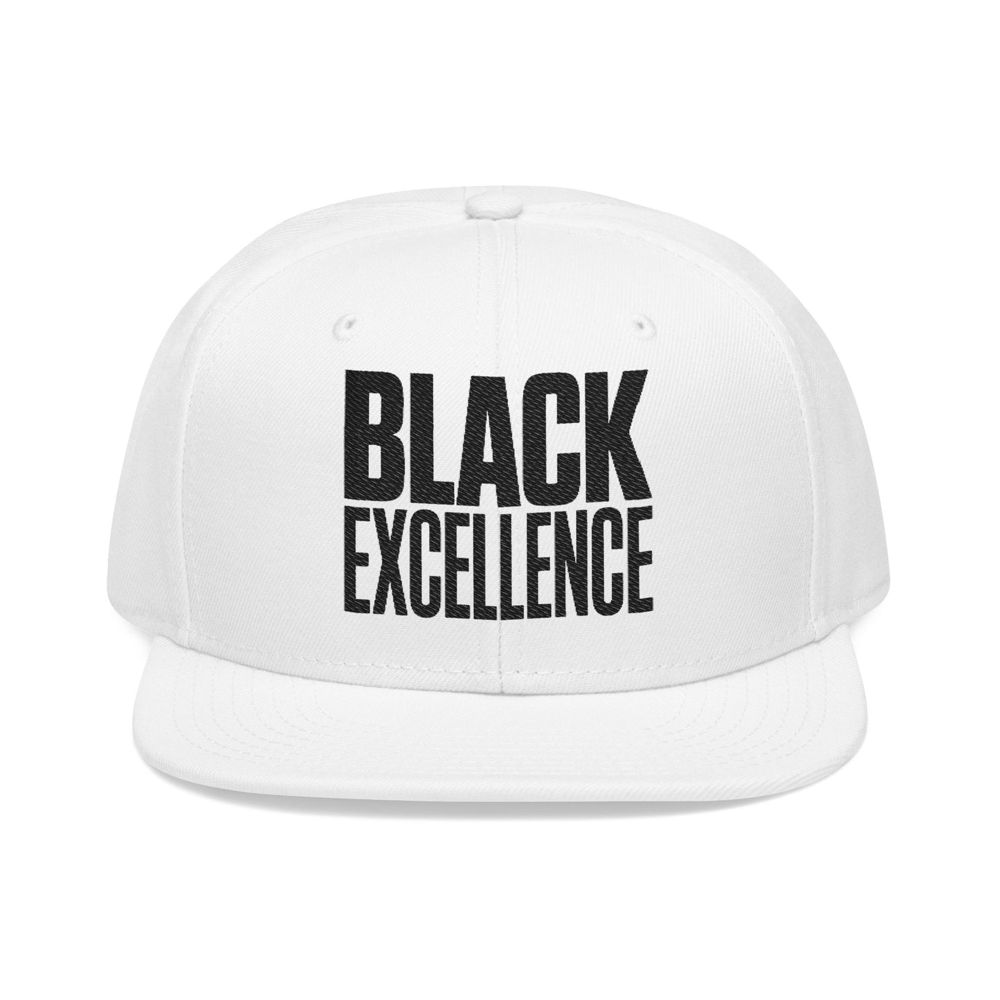 White baseball cap with "BLACK EXCELLENCE" printed in black text.
