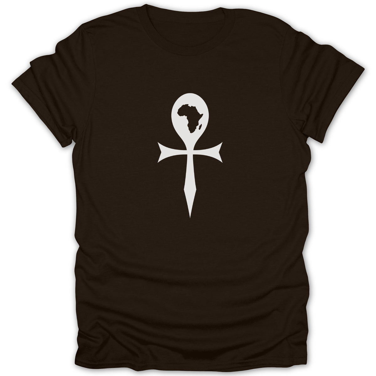 A dark brown short-sleeved t-shirt featuring a white ankh symbol centered on the chest, enclosing a map of Africa.