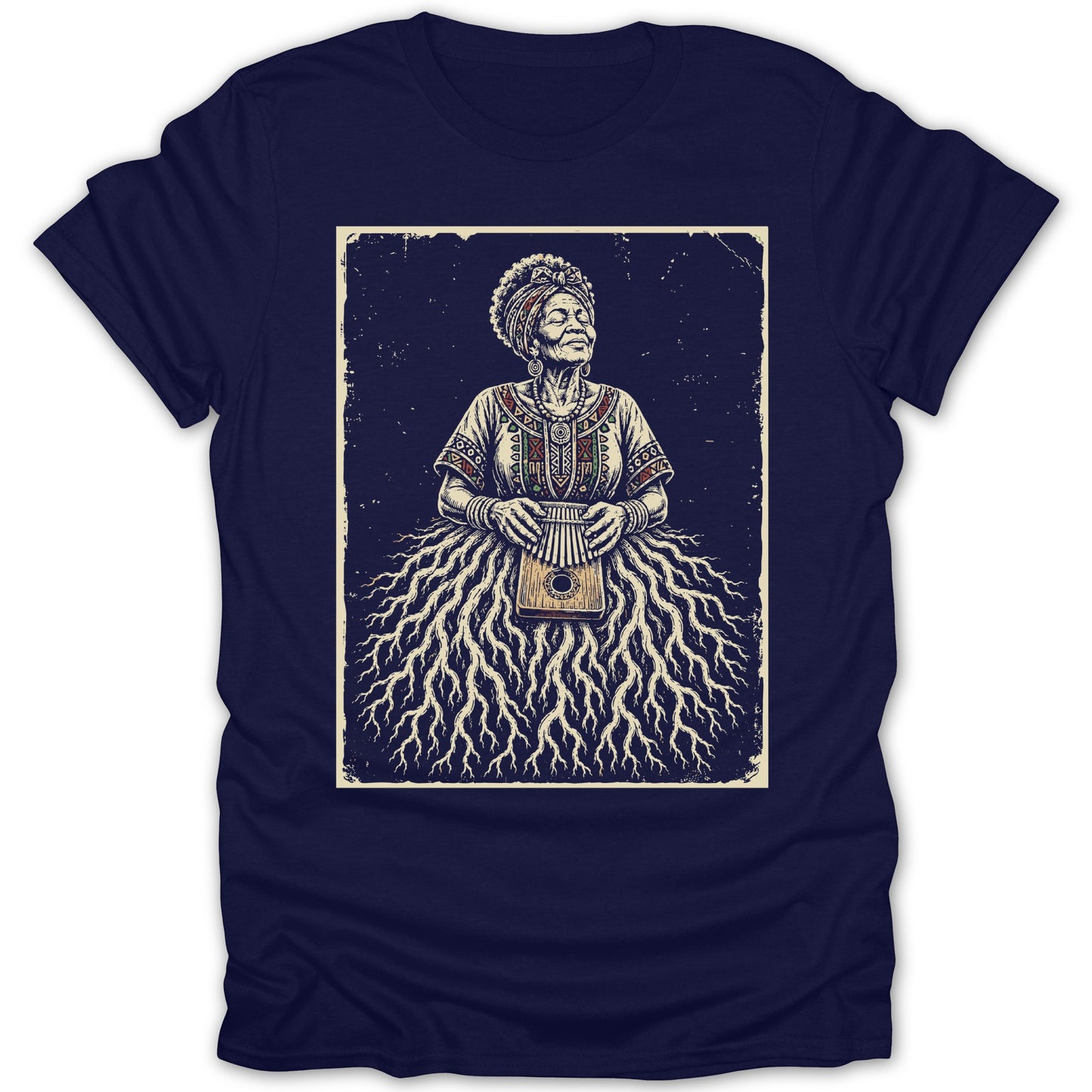 Illustration of an elder woman wearing a headwrap, playing a kalimba, with a skirt of roots.