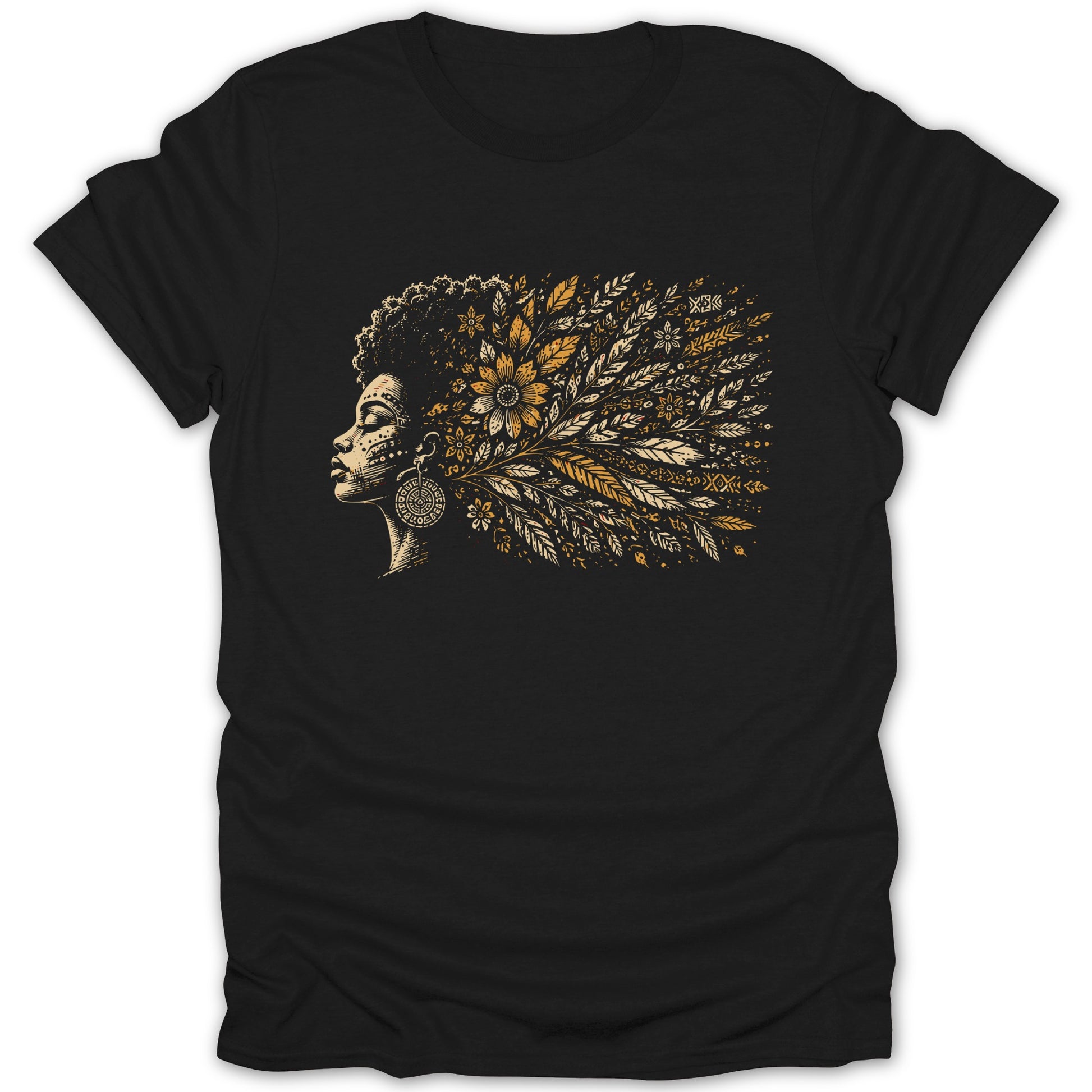 Black t-shirt featuring profile of a woman with floral and leaf-patterned hair.