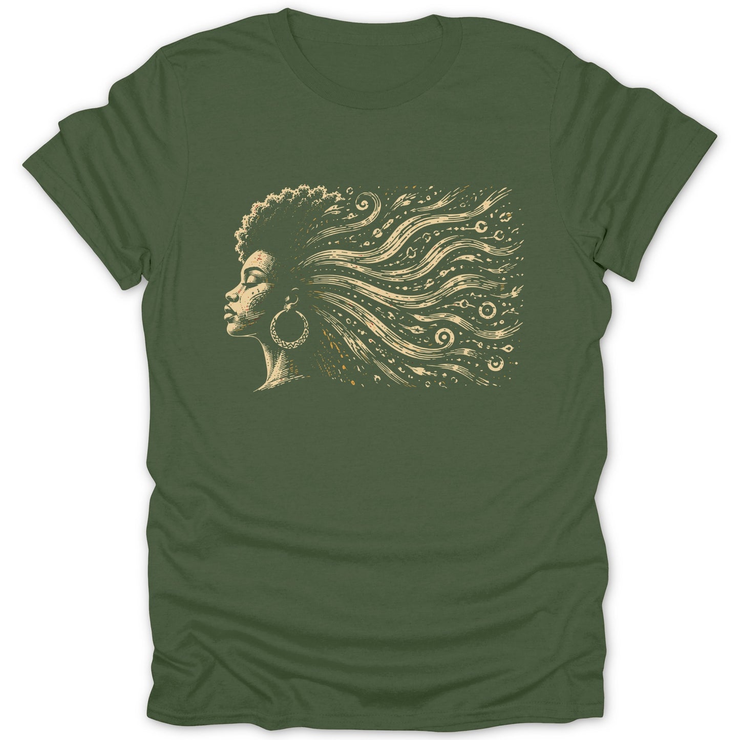 Profile of a woman with abstract flowing hair and large hoop earrings on a green t-shirt.