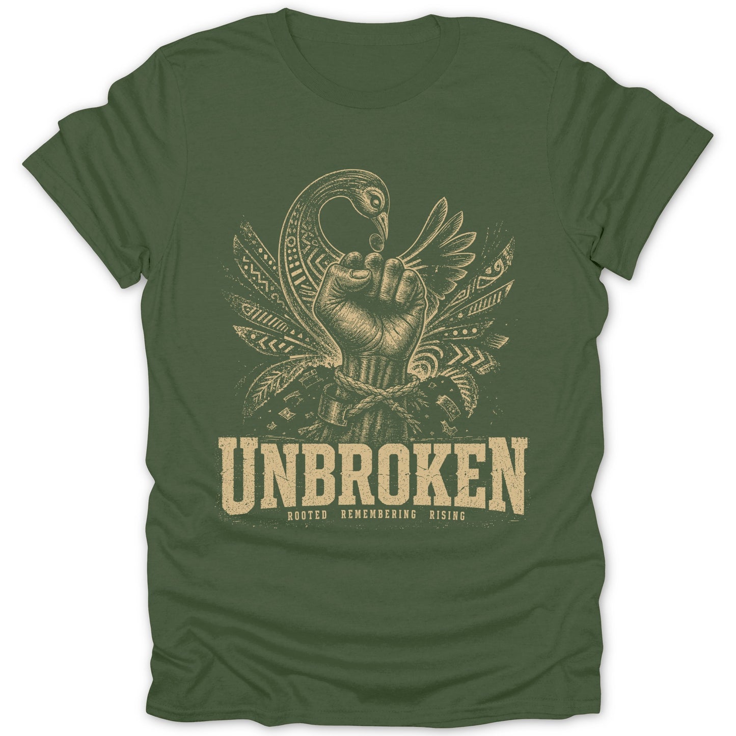 Green t-shirt with text "UNBROKEN" and a graphic of a fist and bird.