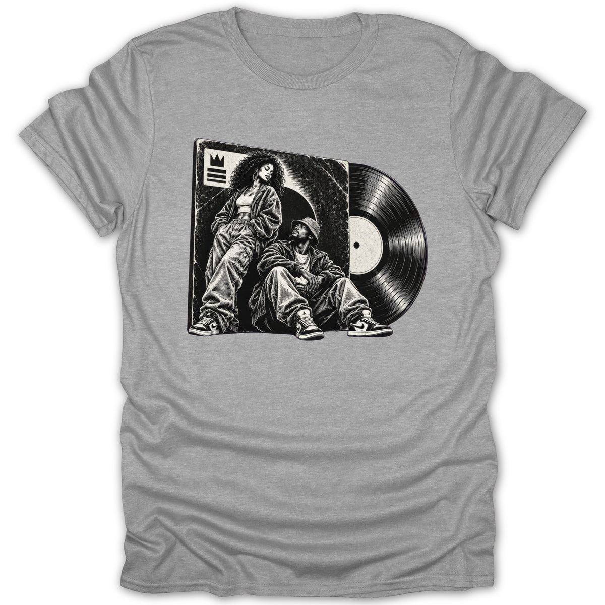 Black and white illustration of two people with a vinyl record on a grey t-shirt.