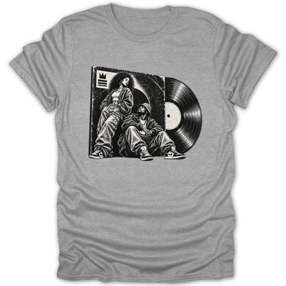 Black and white illustration of two people with a vinyl record on a grey t-shirt.