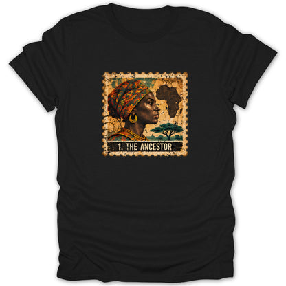 Black short-sleeve t-shirt featuring a vintage postage stamp graphic with a profile of a woman and the text 1. THE ANCESTOR.