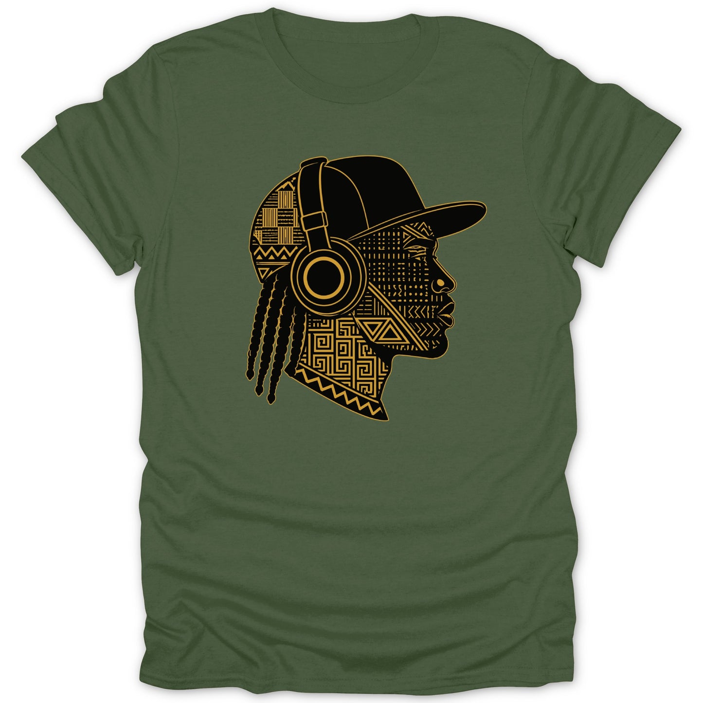 Green t-shirt with a profile of a person wearing headphones and a baseball cap with tribal patterns.