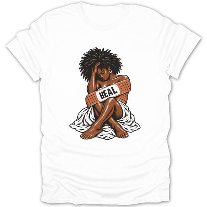 Illustration of a Black woman sitting with head in hands, a band-aid with "HEAL" across her torso.
