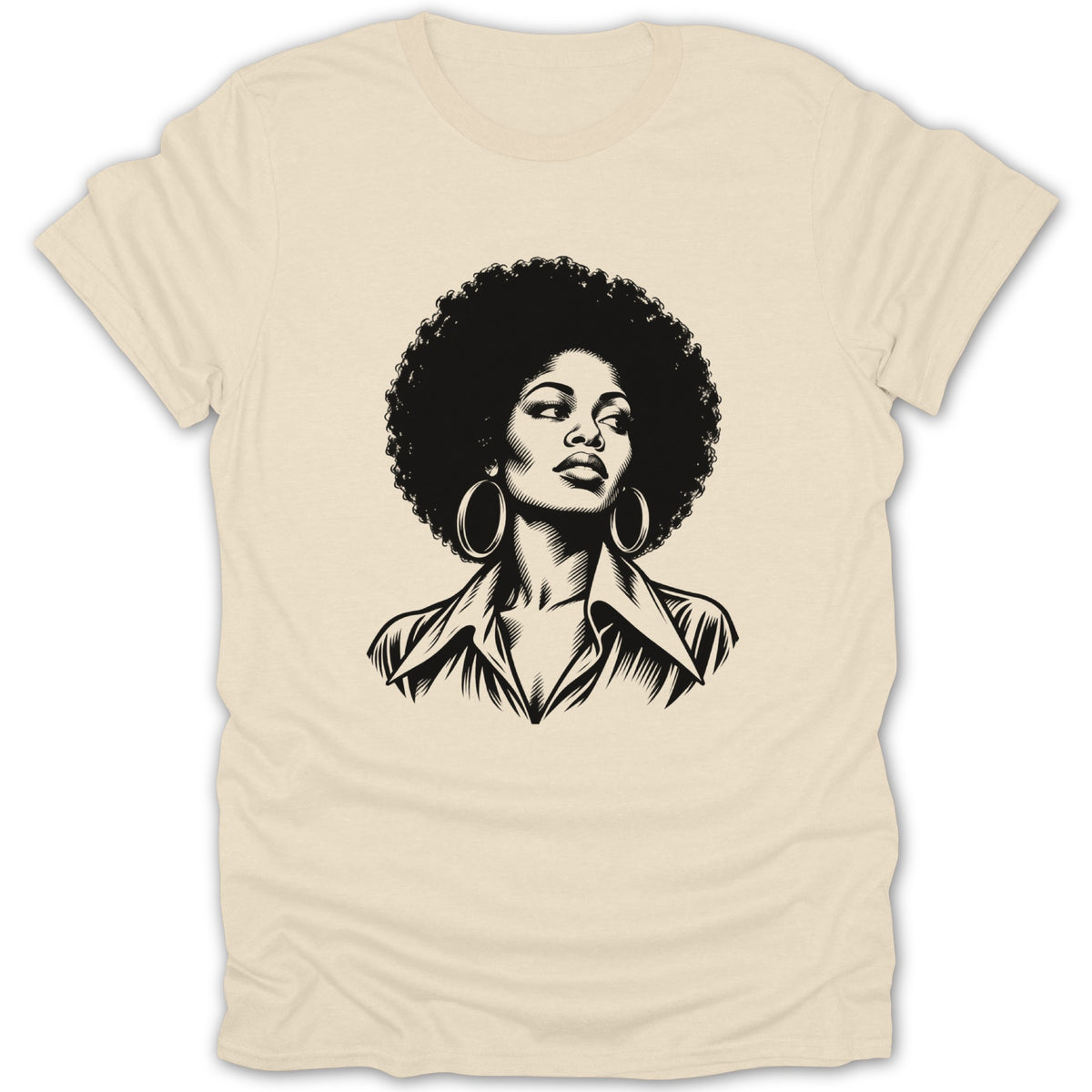 Cream-colored t-shirt featuring a black graphic of a woman with an afro hairstyle and hoop earrings.