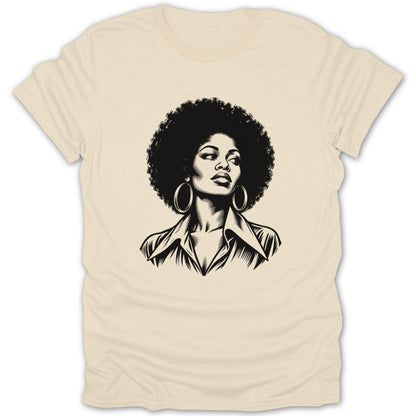 Cream-colored t-shirt featuring a black graphic of a woman with an afro hairstyle and hoop earrings.